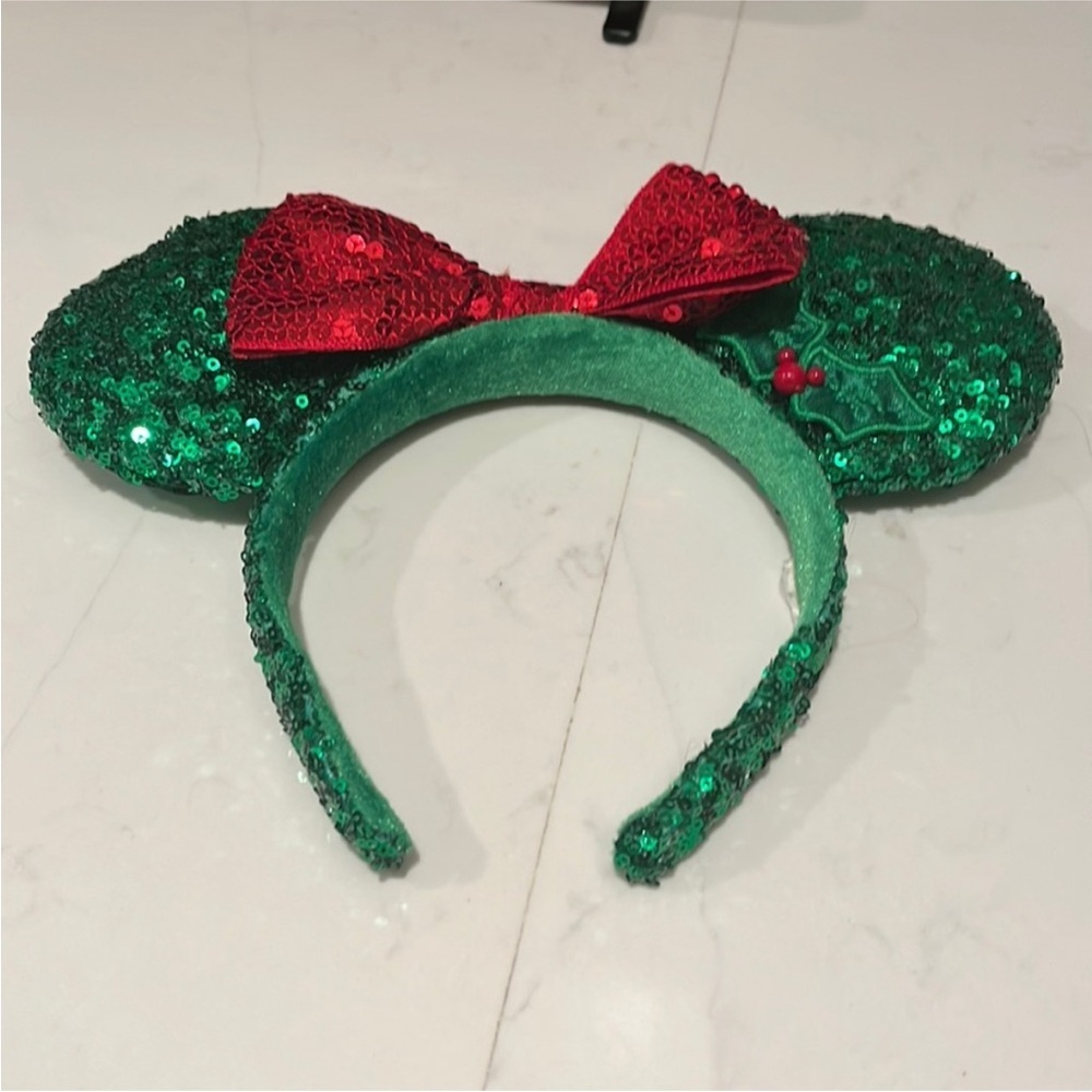 Disney Parks Official Christmas Mouse Ears Headband Green Sequin with Red Bow